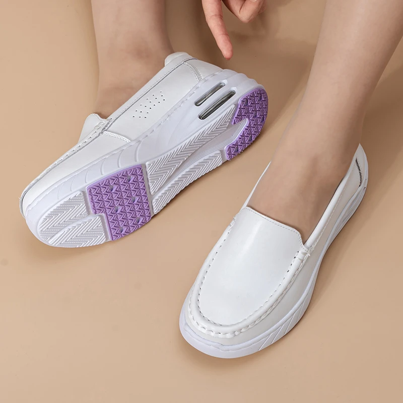 足安心白色真皮护士鞋女软底透气不累脚增高防滑工作鞋医护专用