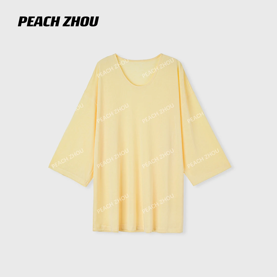 『PEACHZHOU』莱赛尔亚麻小鸡黄宽松U领廓形八分袖休闲慵懒松弛T恤