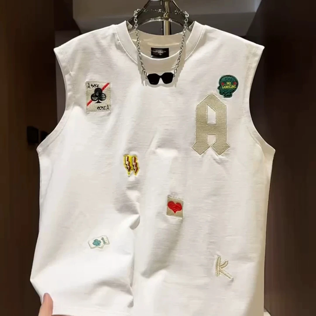 夏季新款男士潮牌卡通印花无袖背心美式纯棉百搭休闲运动坎肩T恤