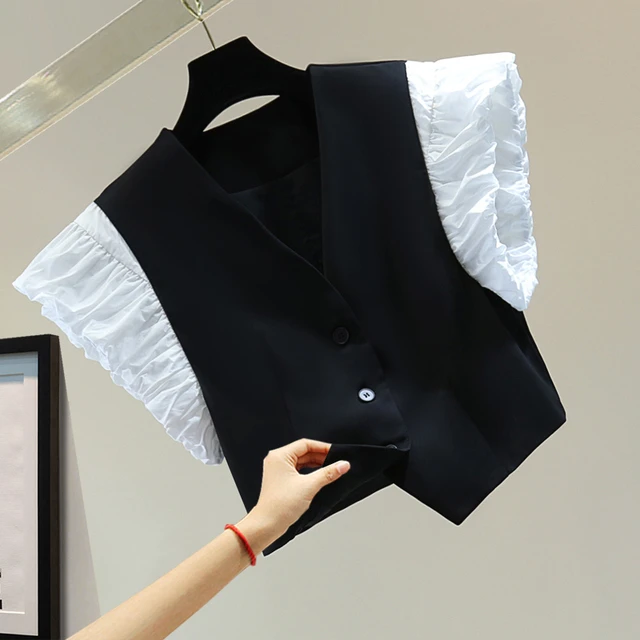 撞色百褶泡泡袖衬衫2024夏季韩版显瘦小个子高腰短款V领短袖衬衣