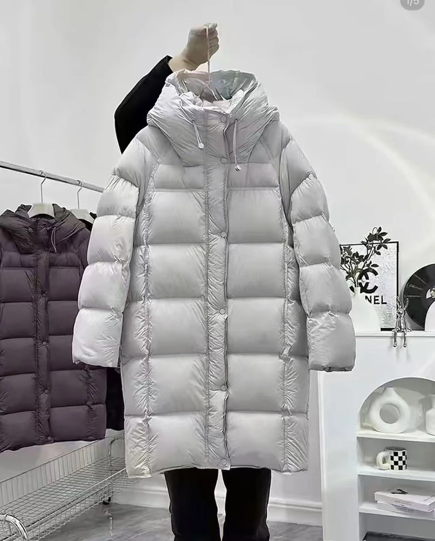 女款新国标90白鸭绒中长款泡芙羽绒服，休闲连帽中长款