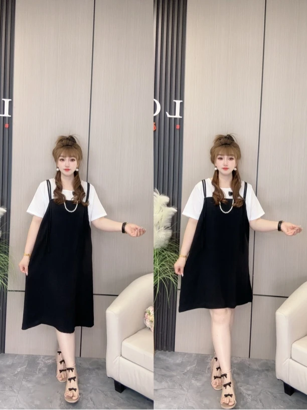 YY家流行穿搭假两件2025新款休闲百搭显瘦减龄背带连衣裙