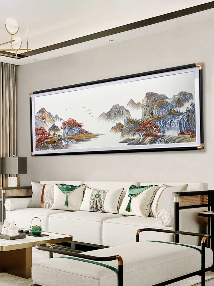 高端金丝织锦绣刺绣挂画山水客厅新中式沙发背景墙