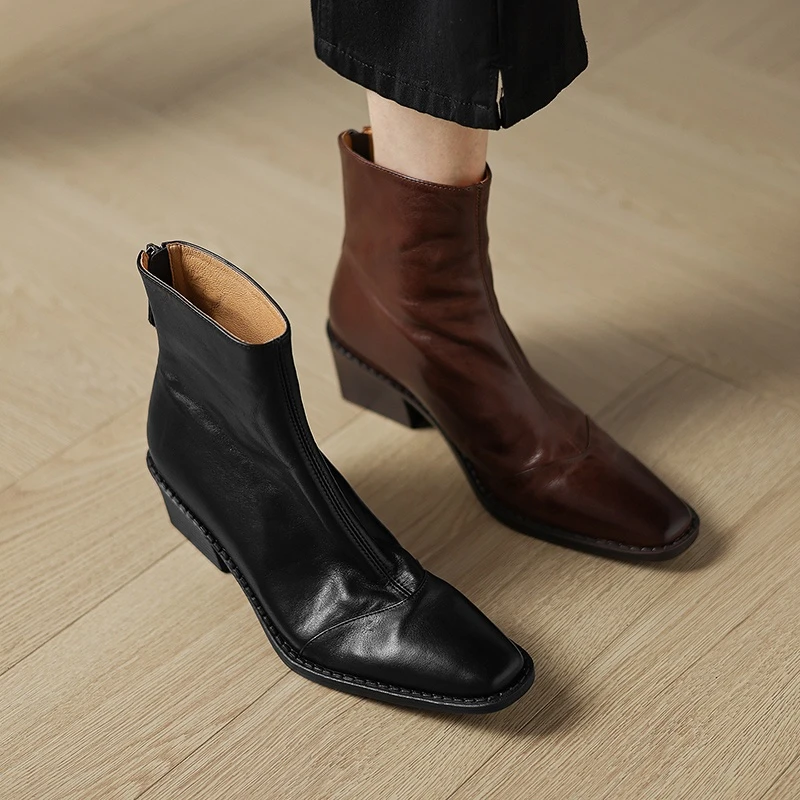 高端轻奢~水洗牛皮~时尚复古方头粗跟短靴女秋冬新款真皮马丁靴潮