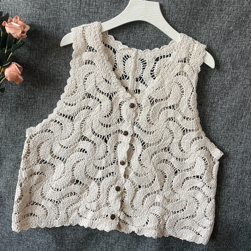 钩花镂空复古针织马甲背心女春夏季外穿短款无袖开衫坎肩百搭上衣