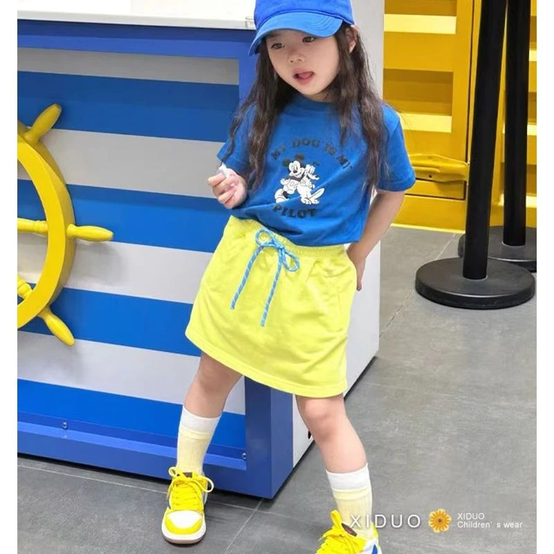 韩版女童2025夏季新款克蓝因蓝卡通米奇短袖小女孩多巴胺黄色半裙