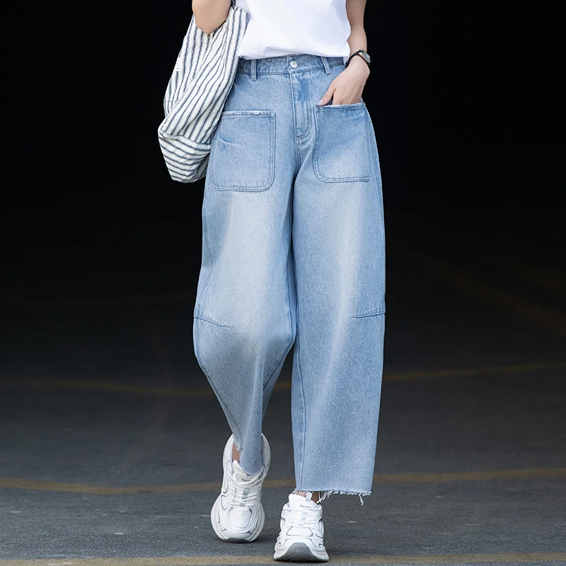 浅蓝色牛仔裤女款爆款2025新款夏季薄款慵懒风裤子九分显瘦哈伦裤