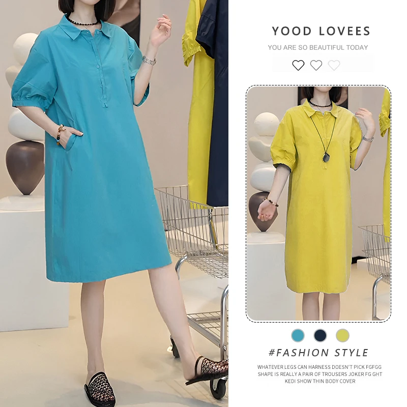 2025夏季新款气质休闲裙子女时尚polo领泡泡袖宽松显瘦衬衫连衣裙