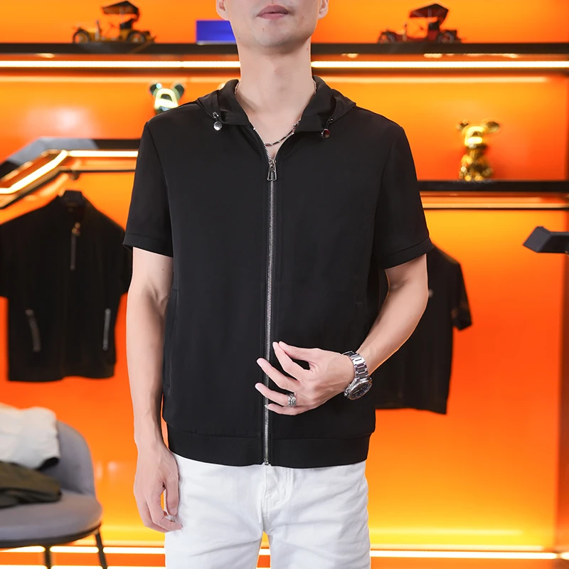 夏季新款短袖男连帽男士T恤拉链开衫半袖休闲纯色中年POLO衫95358