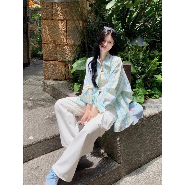 【现货送运费险】小清新薄荷绿polo领格子衬衫女长袖衬衣防晒外套潮