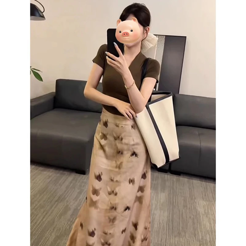 法式V领正肩短袖T恤女夏季独特漂亮掐腰修身显瘦辣妹短款纯色上衣