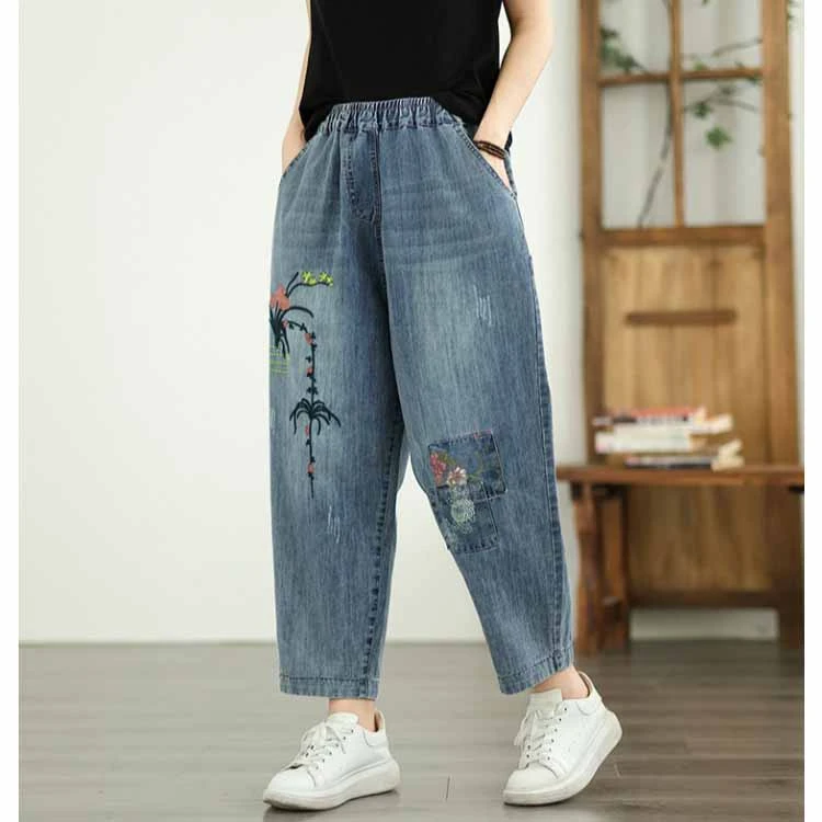 刺绣贴布磨白水洗牛仔裤大码女装高腰显瘦休闲裤百搭九分哈伦裤子