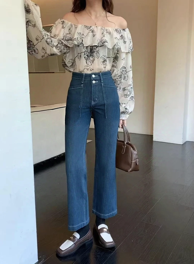 双扣蓝色牛仔裤  休闲时尚百搭 多金女装直播间