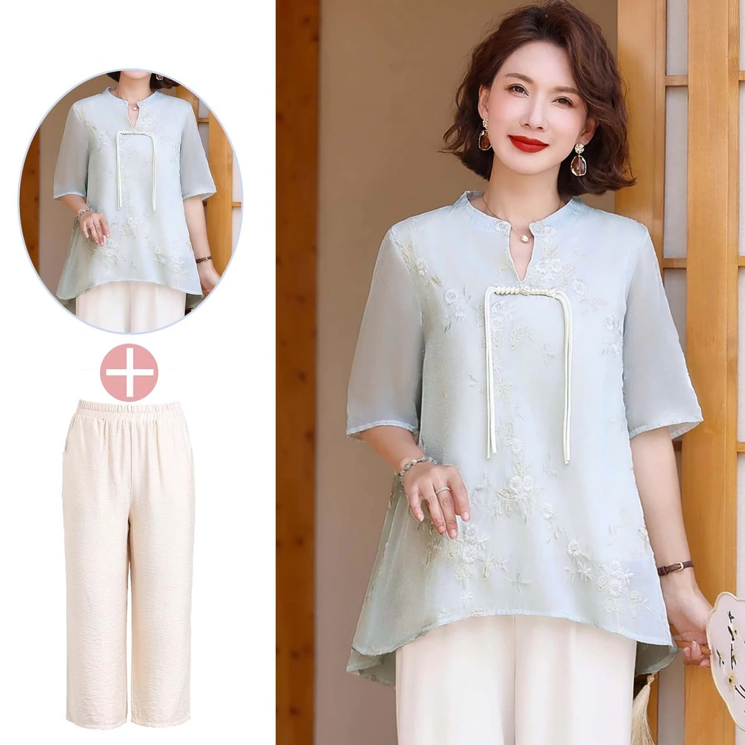 新中式妈妈夏装国风套装雪纺衬衫中老年女春装薄款洋气减龄两件套