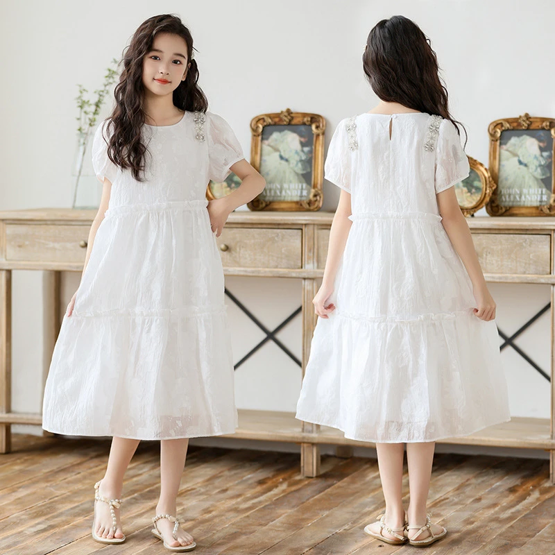 女童连衣裙夏季过膝长裙大童夏装2025新款白色儿童裙子女孩公主裙