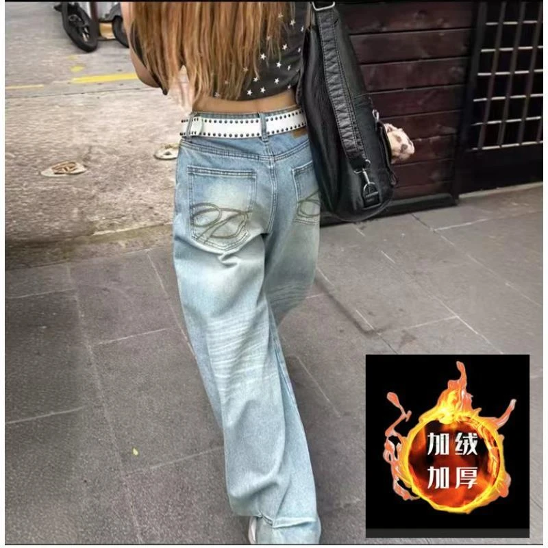 【加绒/不加绒】高街复古刺绣牛仔裤秋冬设计感宽松高腰直筒阔腿裤