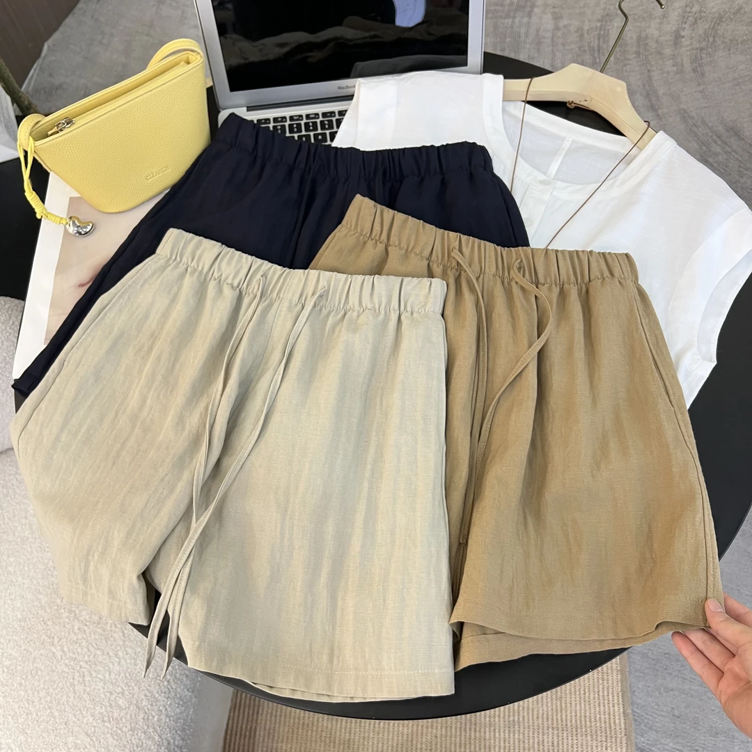 【初奢自制】老钱风~简约舒适夏日清新莱赛尔五分抽绳麻短裤