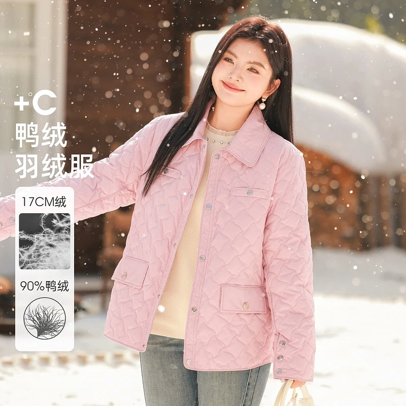 【90%白鸭绒小香短款菱格好羽绒服】MsShe大码女装春装外套E2409046