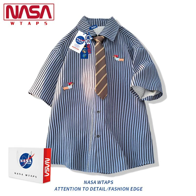 NASA WTAPS潮牌小狗刺绣短袖衬衫男夏季新款带领带条纹半袖衬衣男
