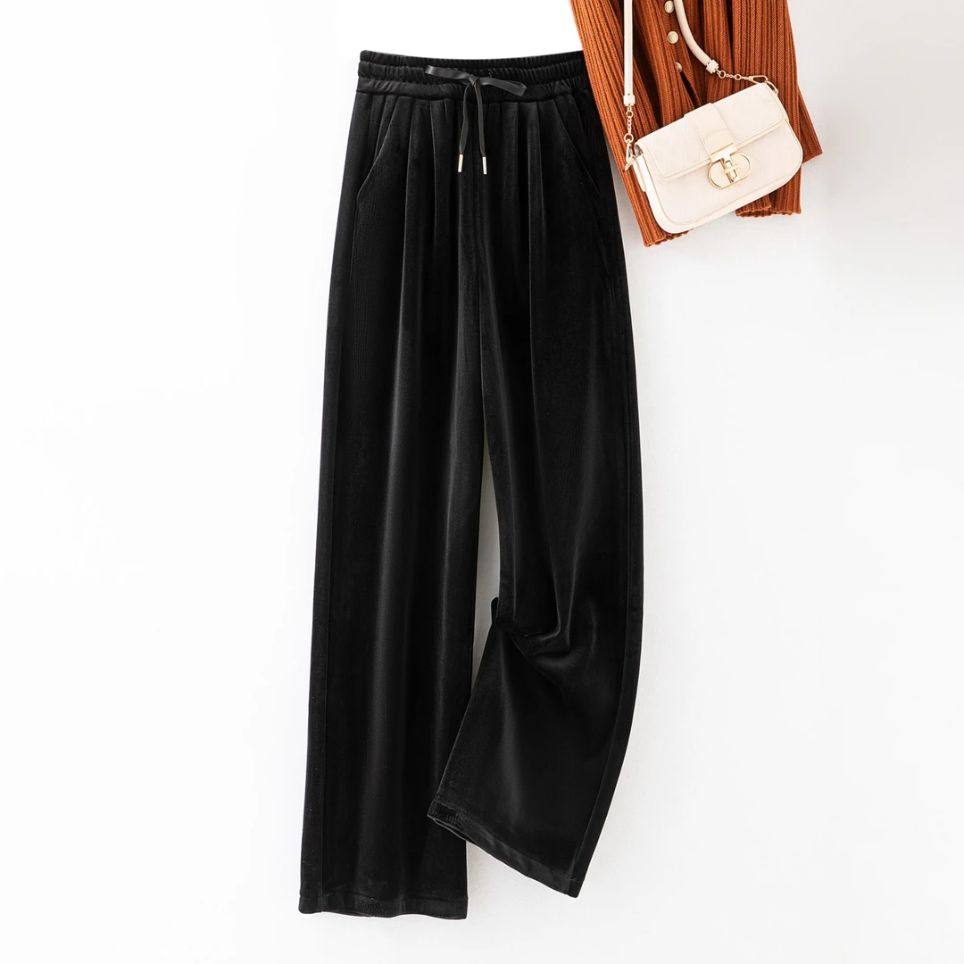 （金丝绒加长款直筒阔版阔腿裤）时尚高腰显瘦24102款百搭加绒现货