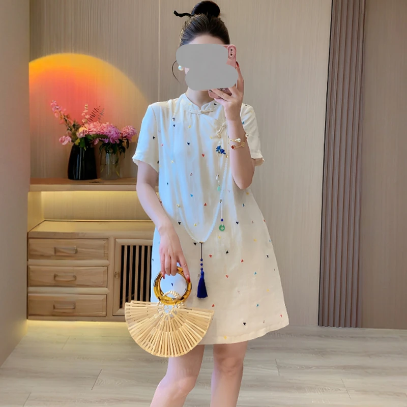 新中式复古立领盘扣爱心印花短袖连衣裙女2025夏季新款减龄旗袍裙