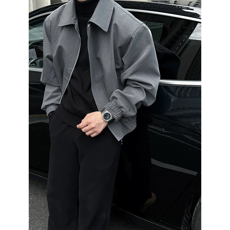 cleanfit灰色短款外套男春秋款美式正肩垫肩翻领成熟稳重行政夹克