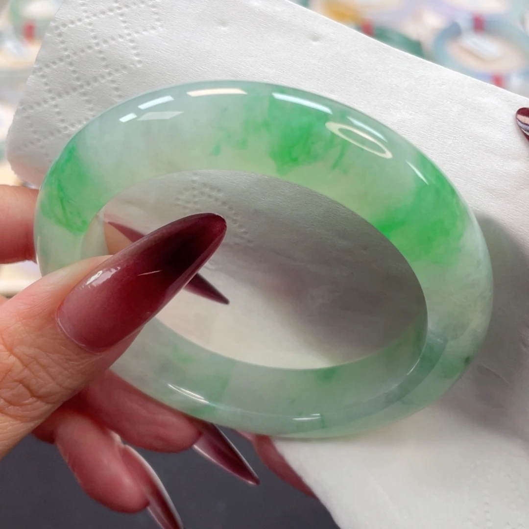 未镶嵌手镯翡翠16号54.6厚装糯冰起胶白底飘阳绿