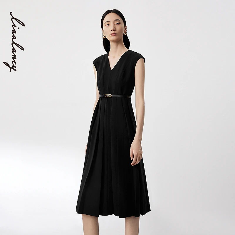 LANCY/朗姿醋酸V领无袖通勤优雅气质裙LCFC98WOP473B1