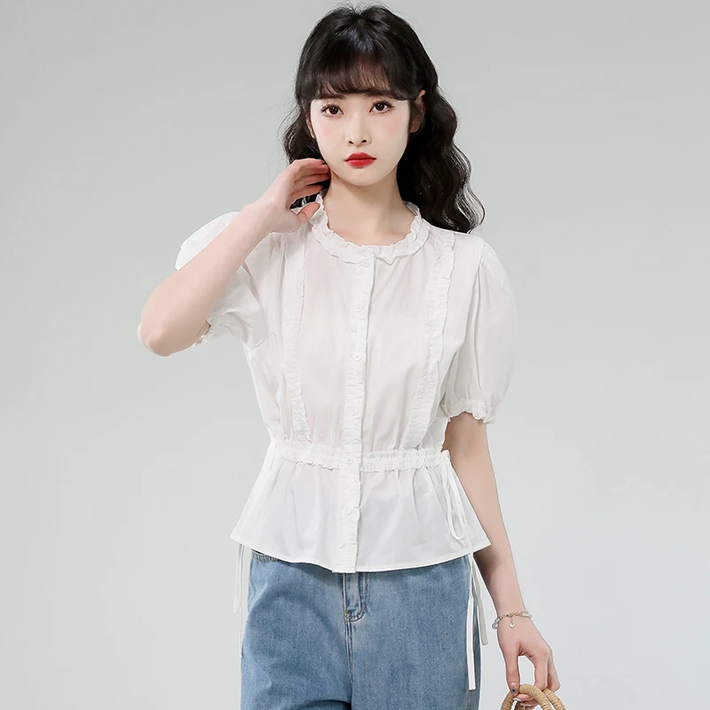 2025夏季新款时尚小清新甜美温柔风法式纯色木耳边短袖衬衫上衣女