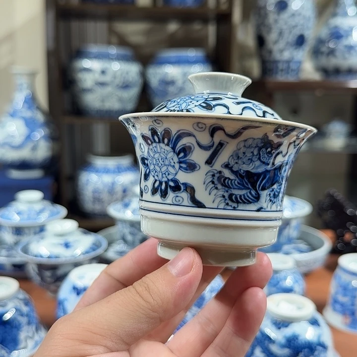 摆件宇泽堂狮狮马蹄盖碗