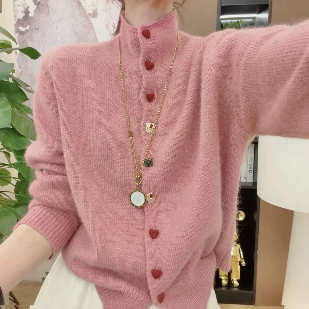 红心宝石」兔毛绵羊毛混纺~半高领彩扣开衫韩系气质减龄针织衫5736