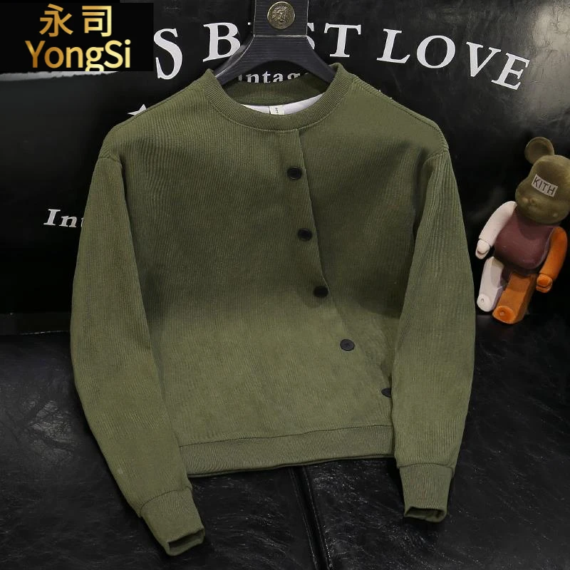 潮牌灯芯绒圆领卫衣男ins潮肌理感长袖t恤春秋时尚潮流套头打底衫