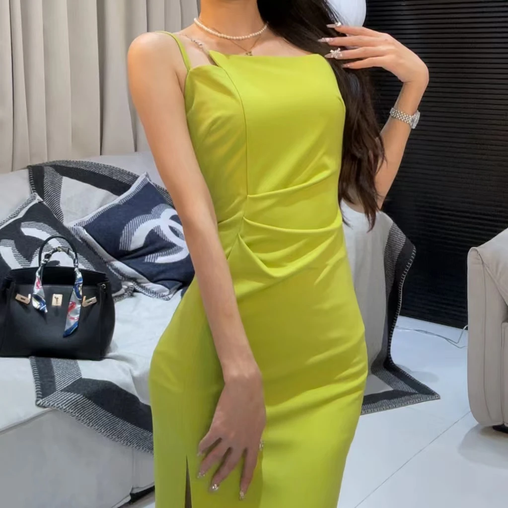 法式长款修身包臀裙开叉连衣裙收腰显瘦气质长裙设计师时尚夏季