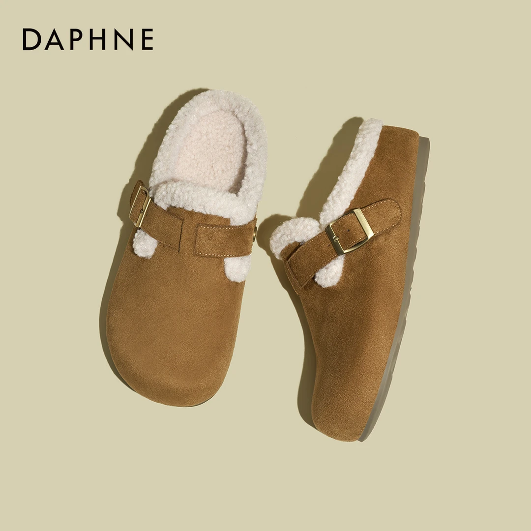达芙妮厚底勃肯半拖女2025秋冬新款小个子加绒保暖增高休闲毛毛拖