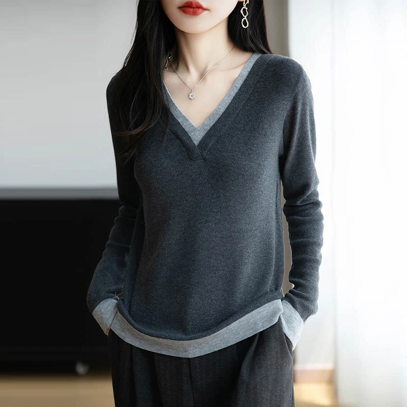 品牌时尚女装秋季法式时尚V领长袖针织衫假两件套头衫宽松上衣