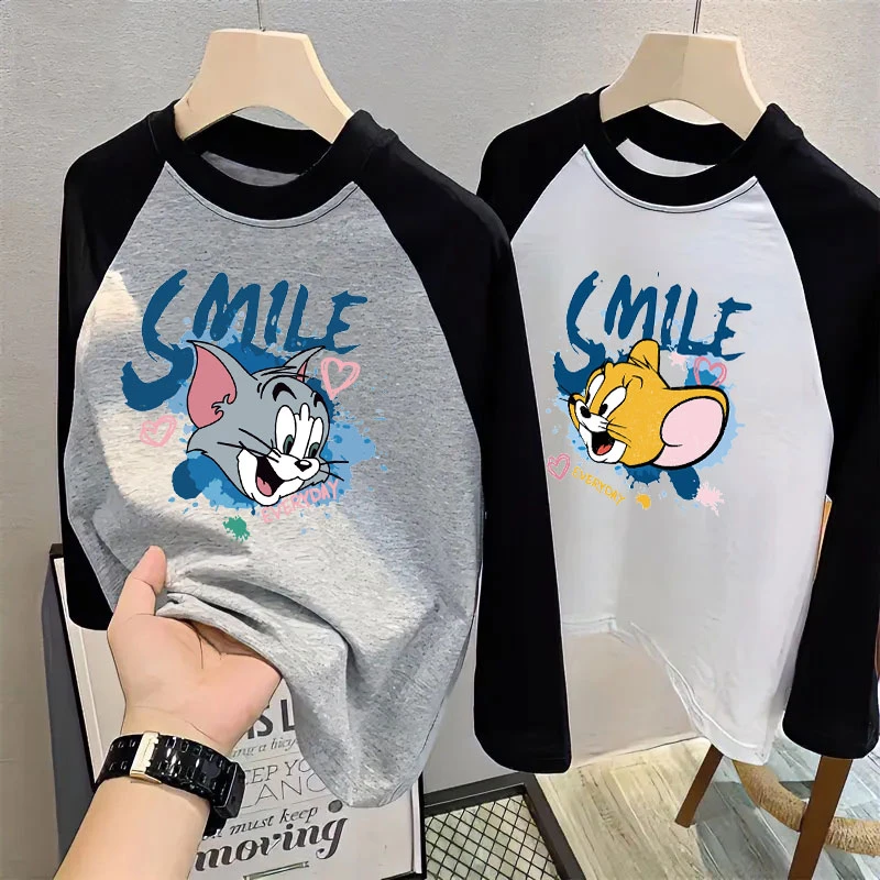 男童纯棉长袖t恤插肩袖春秋2025新款猫和老鼠打百搭休闲底衫上衣