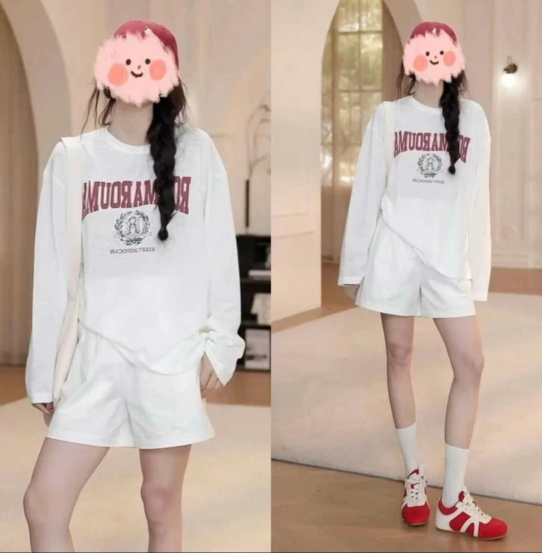 2025百搭字母防晒少女感T恤短裤套装慵懒风减龄长袖短裤两件套