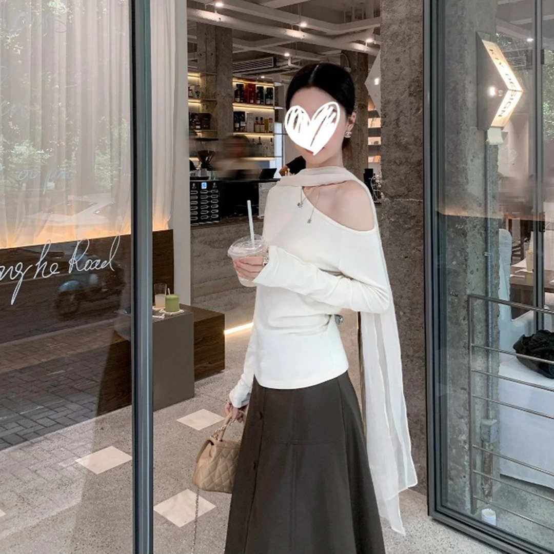 2025秋季飘带设计感不对称斜肩长袖T恤修身显瘦纯欲气质女上衣潮
