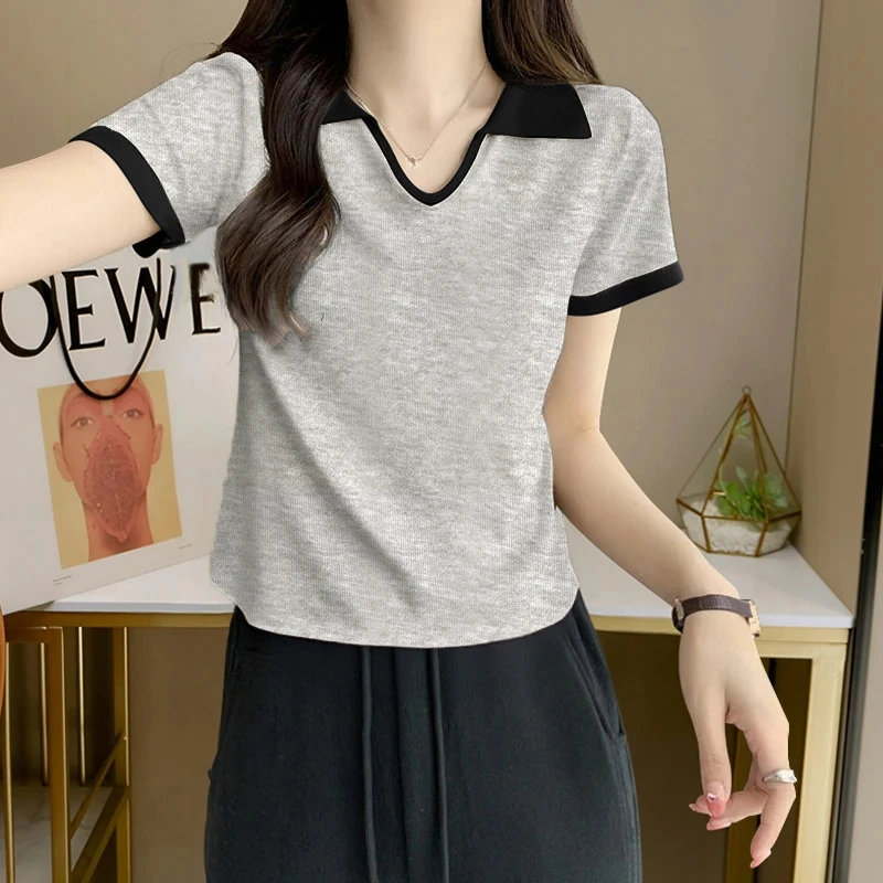 清仓捡漏~撞色翻领短袖T恤女装棉2025新款夏季polo衫正肩半袖上衣