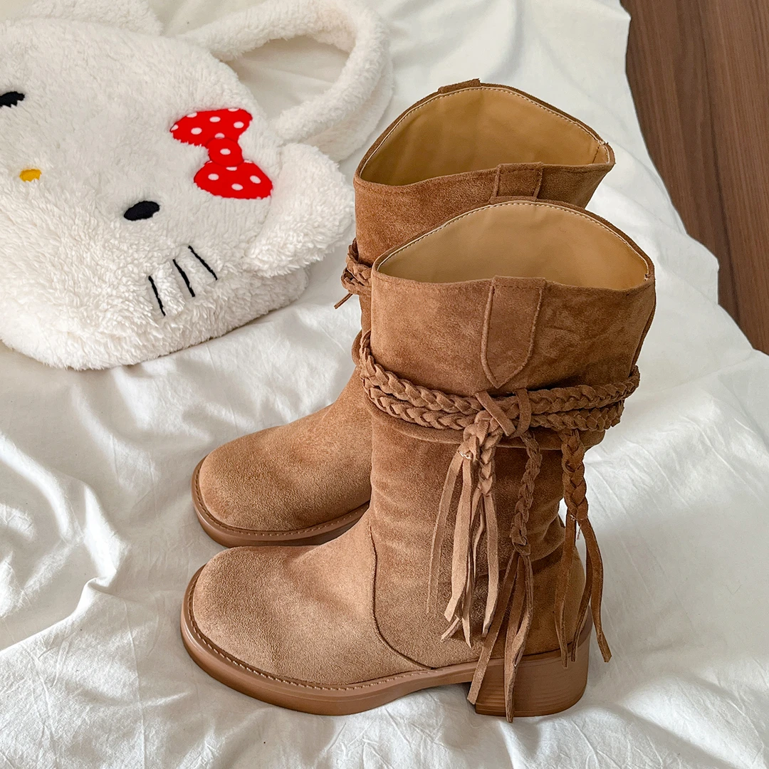 复古废土风堆堆靴女2025新款秋季时尚西部牛仔靴粗跟流苏显瘦短靴
