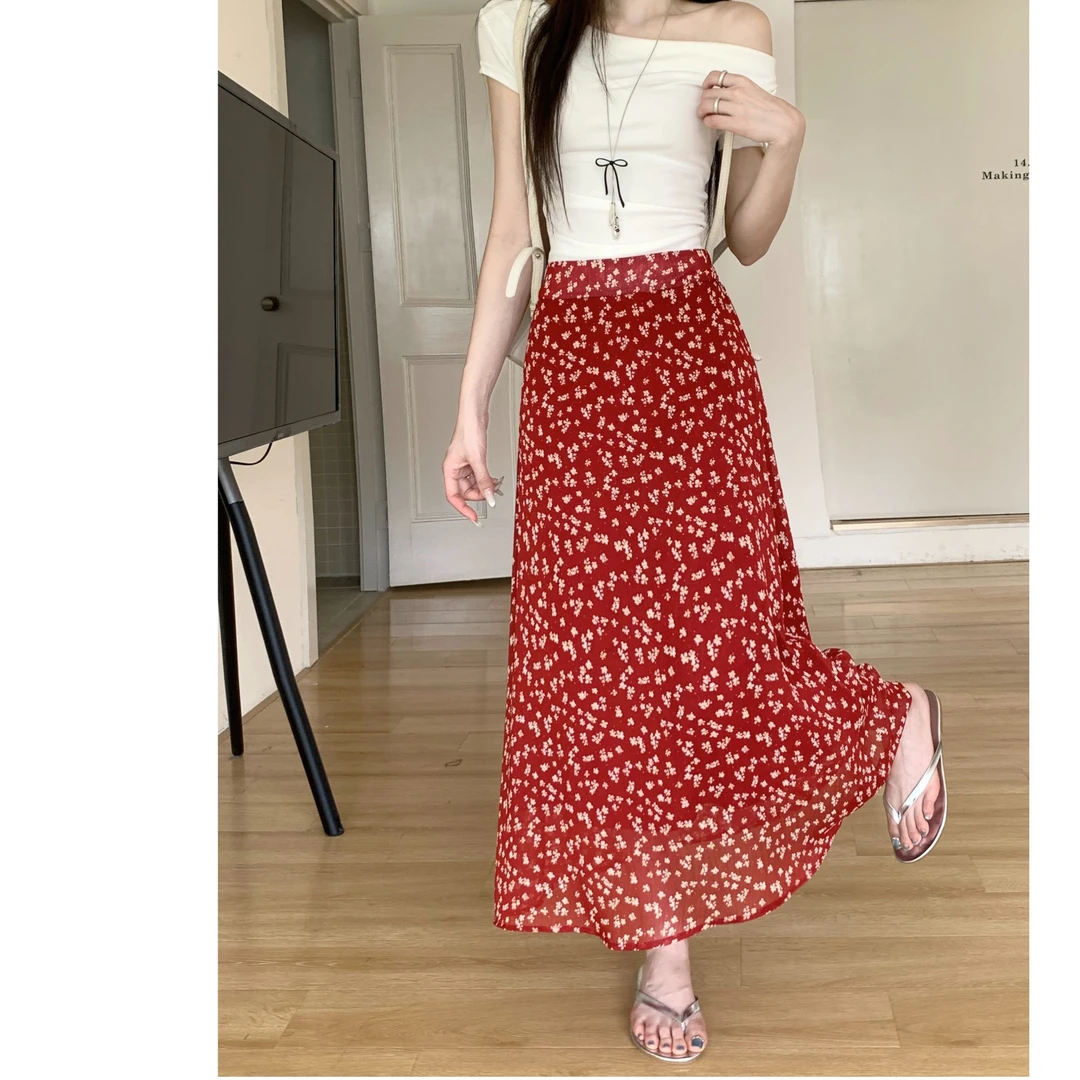 8066-夏女装显瘦碎花红色半身裙微胖大码