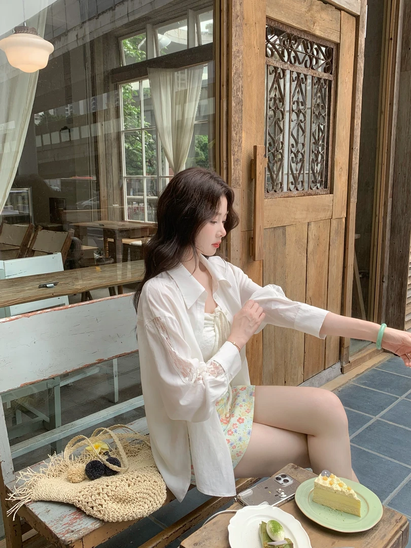 EIA一尧【告白信】气质松弛百搭设计感天丝衬衫日常蕾丝袖慵懒上衣