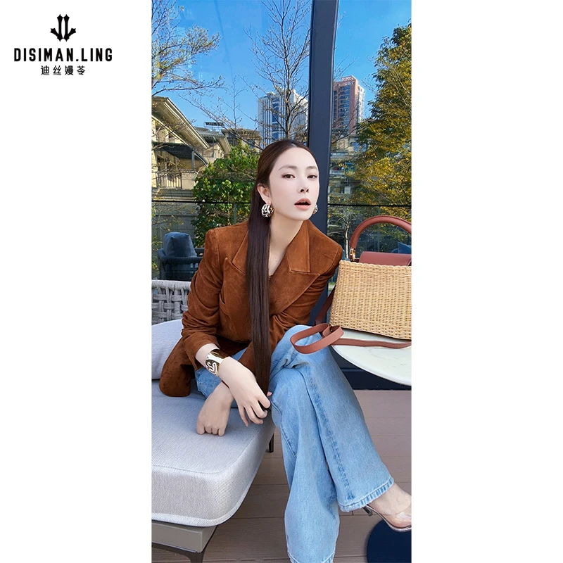 迪丝嫚苓驼色皮西服时尚百搭绵羊皮外套休闲气质经典复古酷飒女士