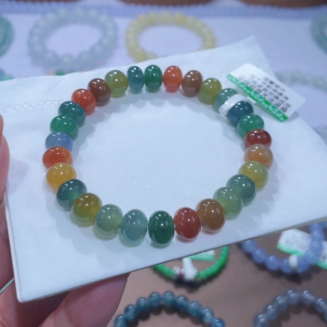 未镶嵌手链翡翠冰胶彩虹鼓珠卡8+
