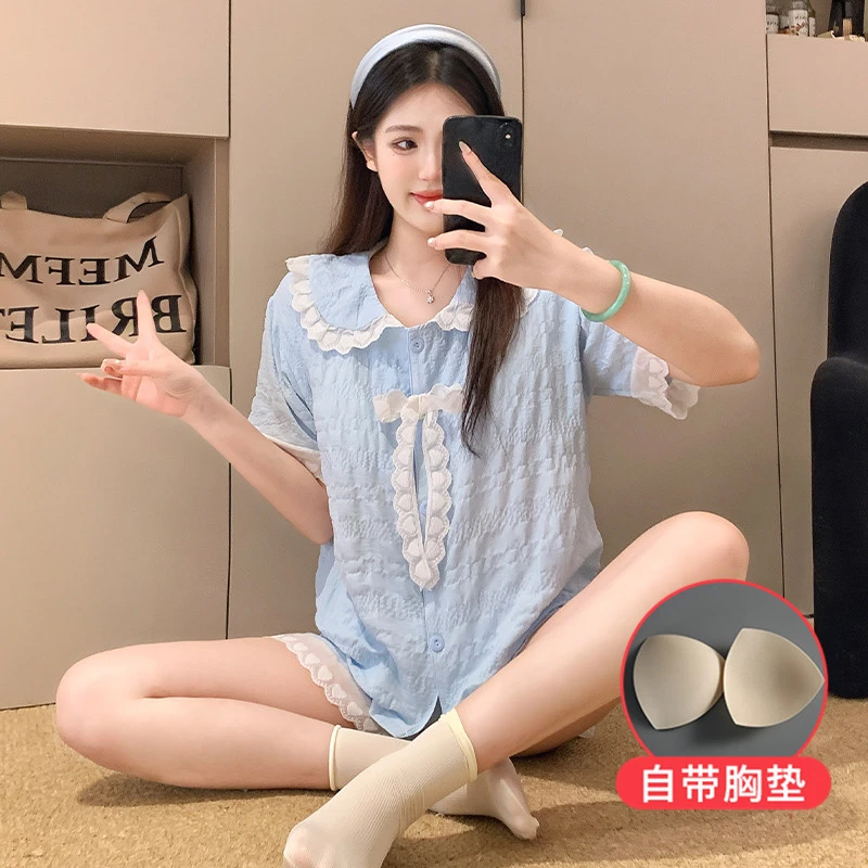 甜美少女风睡衣休闲舒适云朵棉蝴蝶结家居服套装时尚公主风两件套