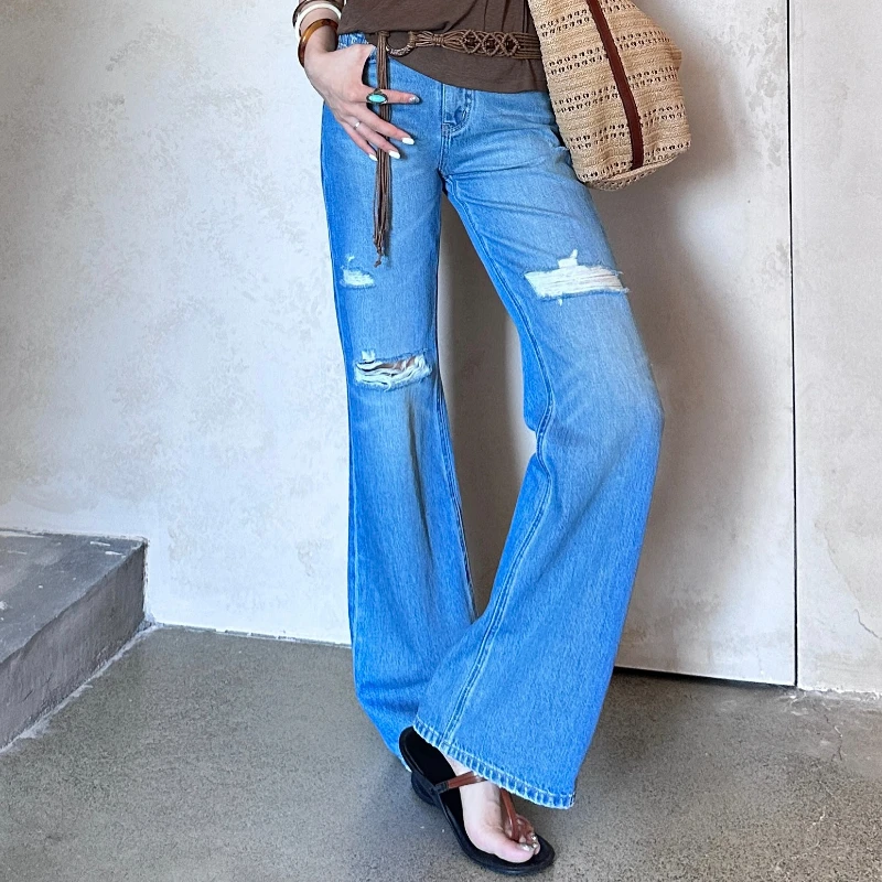 D&MX 夏日显瘦浅色破洞毛边高个子微喇阔腿牛仔裤82001