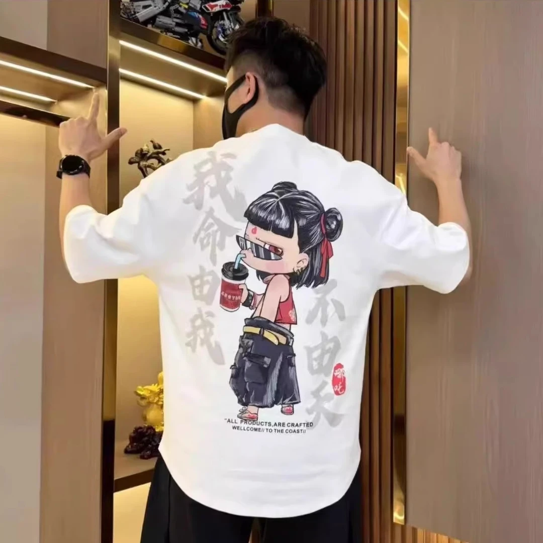 夏季新款爆款潮流T纯棉短袖t恤男士2025高档印花哪吒痞帅百搭上衣
