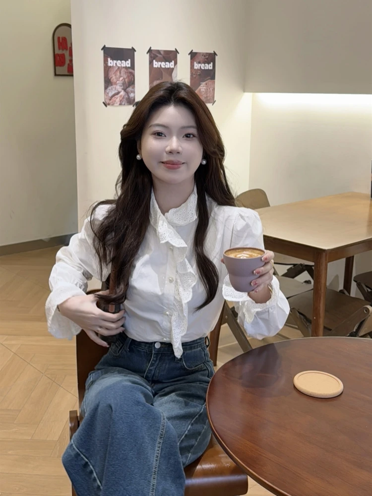 【微风不染】法式花边拼接白色衬衫女木耳边设计感小众宽松长袖上衣