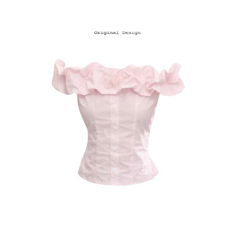 法式立体褶皱一字肩短袖衬衫女夏季少女风掐腰修身露肩超好看上衣