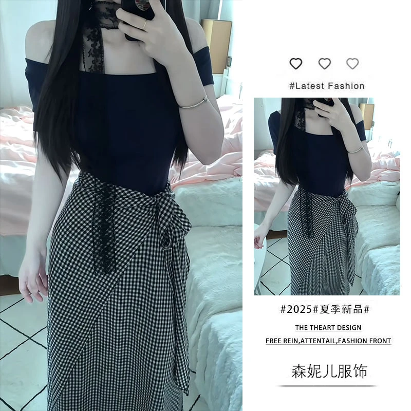 今年流行漂亮套装2025新款修身斜肩短袖T恤显瘦格子半身裙两件套